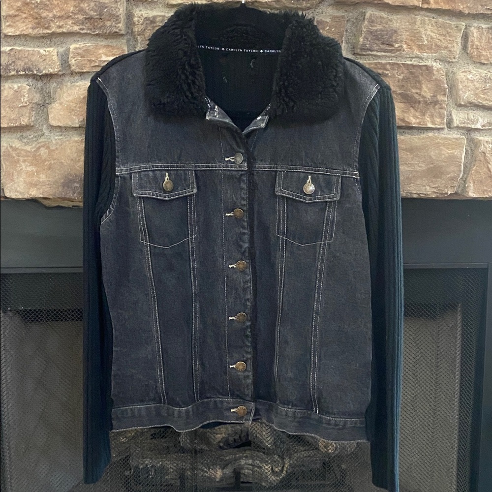 Carolyn Taylor grayish black jean Jacket with black sweater material arms. Large